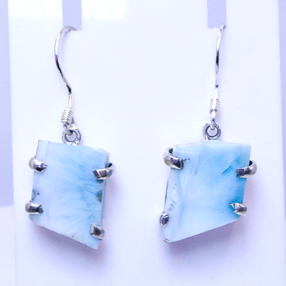 Sterling Silver 925 Sky Blue Larimar Drop Dangle Asymmetrical Nugget Earrings
